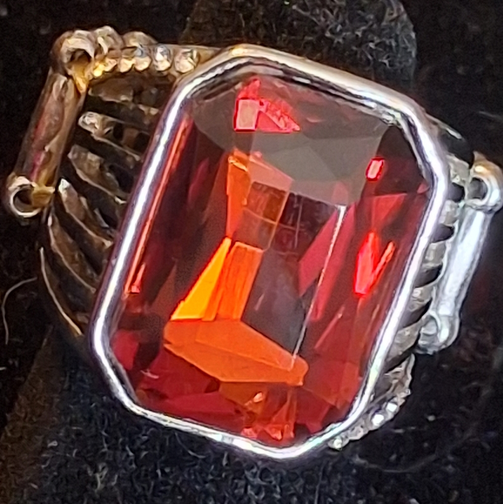 Paparazzi Silvertone Stretch Ring with Deep Orange Gemstone